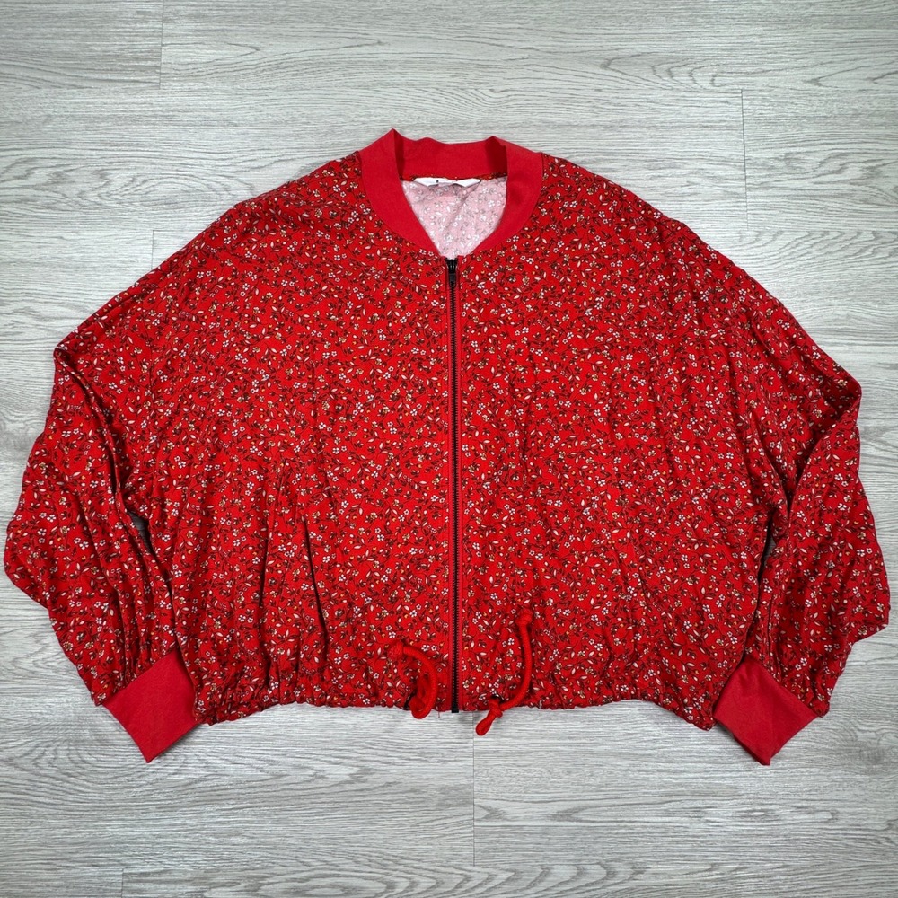 BB Dakota Steve‎ Madden Womens Bomber Jacket Red Floral Zip Drawstring Medium